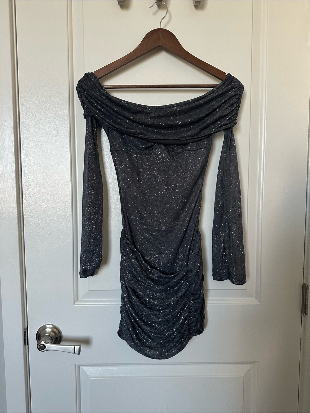 WHITE FOX Need a Miracle Long Sleeve Glitter Mini Dress - CHARCOAL